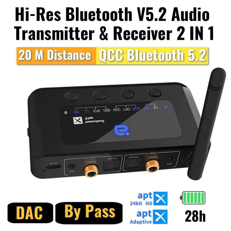 Hi-Res Bluetooth 5.2 Audio Transmitter Receiver 2 In 1 aptX Adaptive With Optical, Coaxial, AUX 3.5m Bypass 4 Synchronous Output