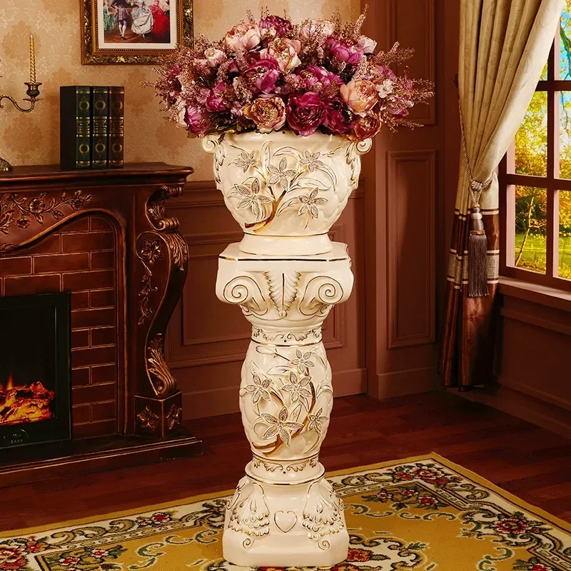 European Retro Ceramic Floor to Ceiling Large Vase for Living Room Dried Flower Arrangement Roman Column Home Decoration