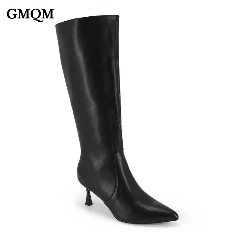 GMQM 2025 New Women’s Knee High Boots Kitten Heel Pointed Toe Side Zipper Fashion Tall Elegant Boots for Dress Festival Party