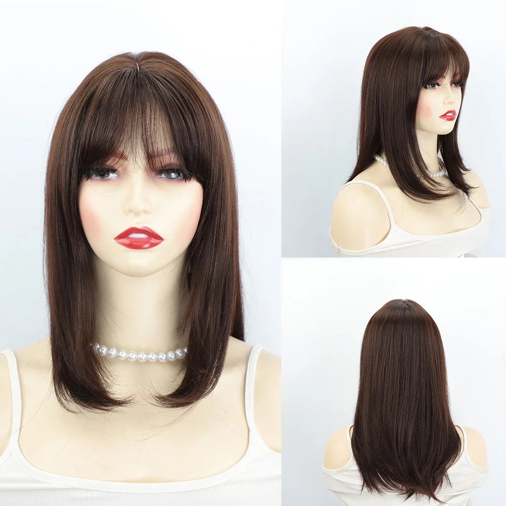 

European and American fashion wig brown Qi bangs long straight hair chemical fiber headgear
