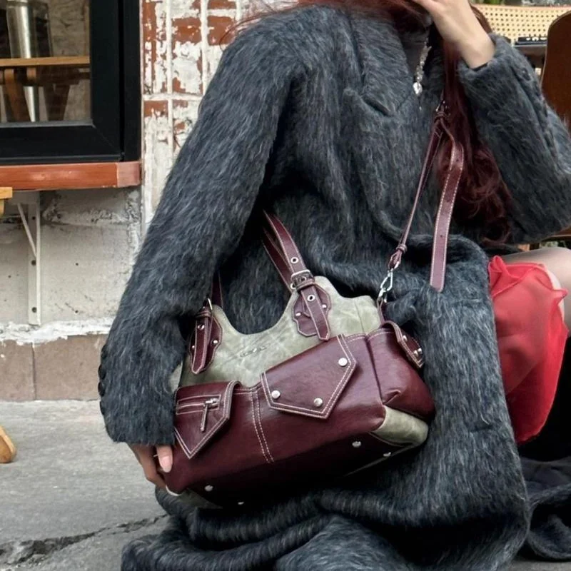 PU Women's Shoulder Bag with Denim Patchwork Large Capacity Crossbody Bag Casual Design Crossed Color Armpit Handbag