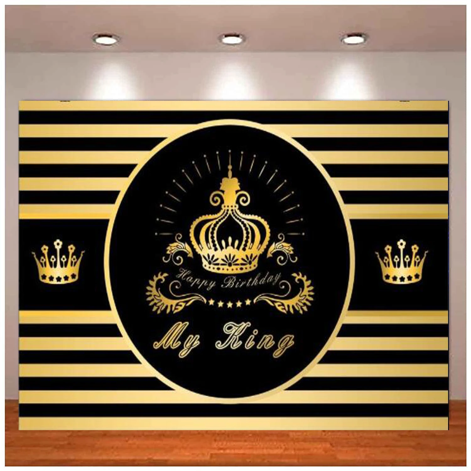 

Happy Birthday Backdrop Crown My King Black And Gold Backdrop Party Poster Cake Table Banner Adults Men Bday Photo Background