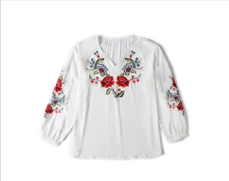 TEELYNN Cotton Floral Embroidery Shirts for Women Tops Vintage Loose Spring/Autumn Bohemia Blouses Long Sleeve V-neck Blouse