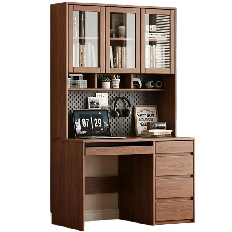 for Solid Wood Desk Bookshelf Integrated with Glass Door Rubber Wood Walnut Retro Learning Writing Computer Table