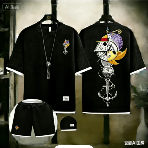 

One Piece Devil Fruit & Compass Anchor Print 2 Piece Outfit Waffle Knit T-Shirt + Shorts Set Anime Nautical Streetwear Tracksuit