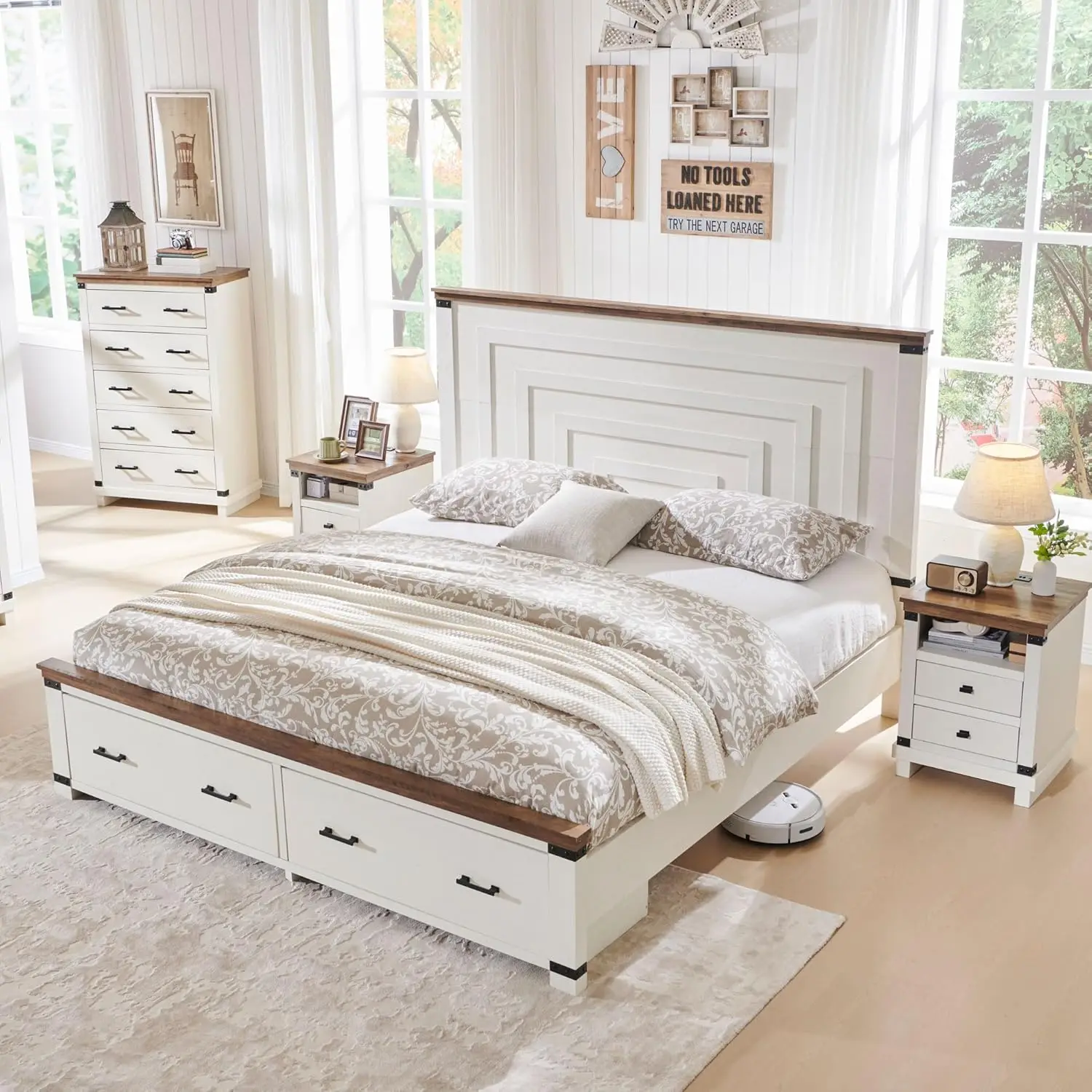 

Farmhouse Bed Frame with 54" Tall Geometric Headboard 2 Large Storage Drawers Wood Platform Bed with Wood Slats Support No Box S