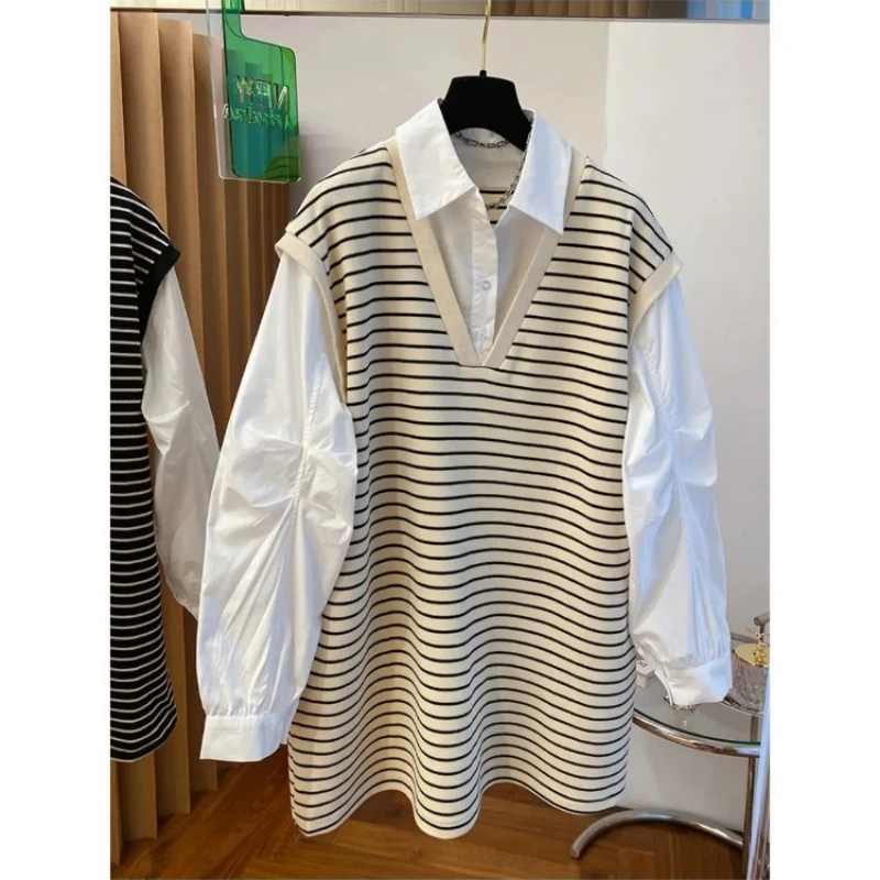 Spring Autumn Women Shirt Design Oversized Large Size Fashion Casual Fake Two-piece Striped Sweatshirt Spliced Shirt for Women