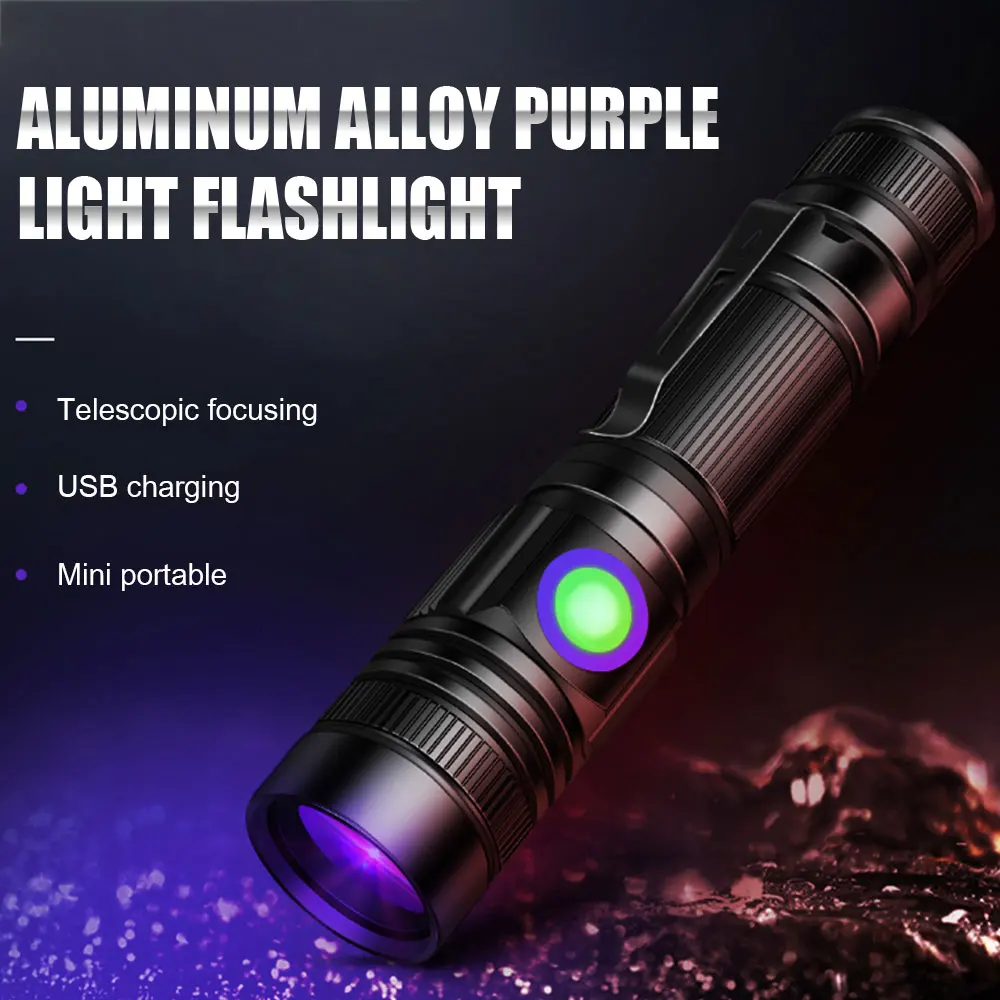 

LED UV Flashlight 365nm/395nm Ultraviolet Torch 18650 USB Rechargeable Violet Light Pet Urine Stain Detector Money Inspection