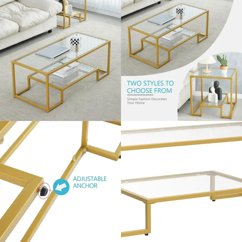

Two-Level Tempered Glass Coffee Table with Elegant Metal Frame for Living, Dining, and Office Spaces