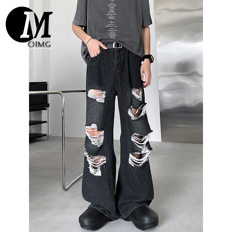 [OIMG] Paris Damaged Washed Hole Jacquard Jeans Men's Micro Ragged Wide Legged Floor Dragging Pants