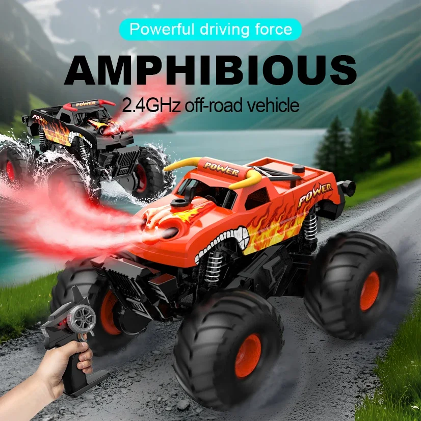 Amphibious RC Monster Truck, 2.4GHz Off-road Car with Mist Spray, 360° Rotation, Waterproof, 1 Click Stand Up for Kids