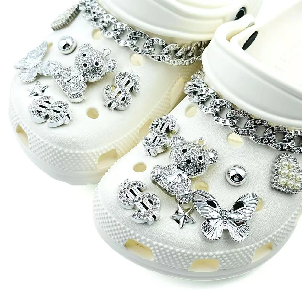 16PCS Shoe Charms Set Accessories for Sandals Clogs Shoe Buckle Silver Diamond Bear Butterfly Chain DIY Shoes Decorations Gift