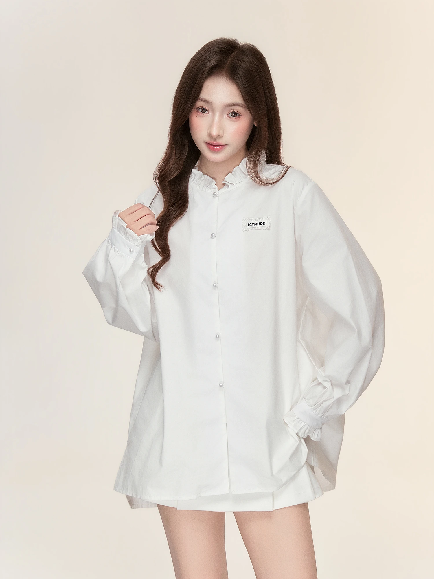 

White Loose Long Sve irt Stand Collar Casual Sle Women's Faion Slim Fit Versatile Top IcyNude Store New Arrival