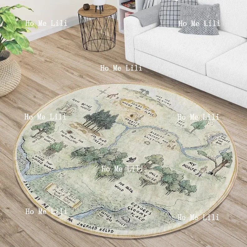 

Woodland Round Rug Forest Non Slip Circle Mat Cartoon Map Area Rugs Green Carpet For Living Room