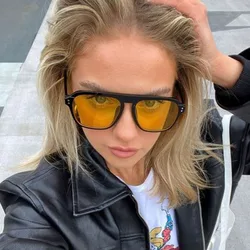 DYTYMJ Double Bridge Square Sunglasses Women Luxury Trendy Sunglasses Men Vintege Yellow Shades Men Driving Gafas De Sol Hombre