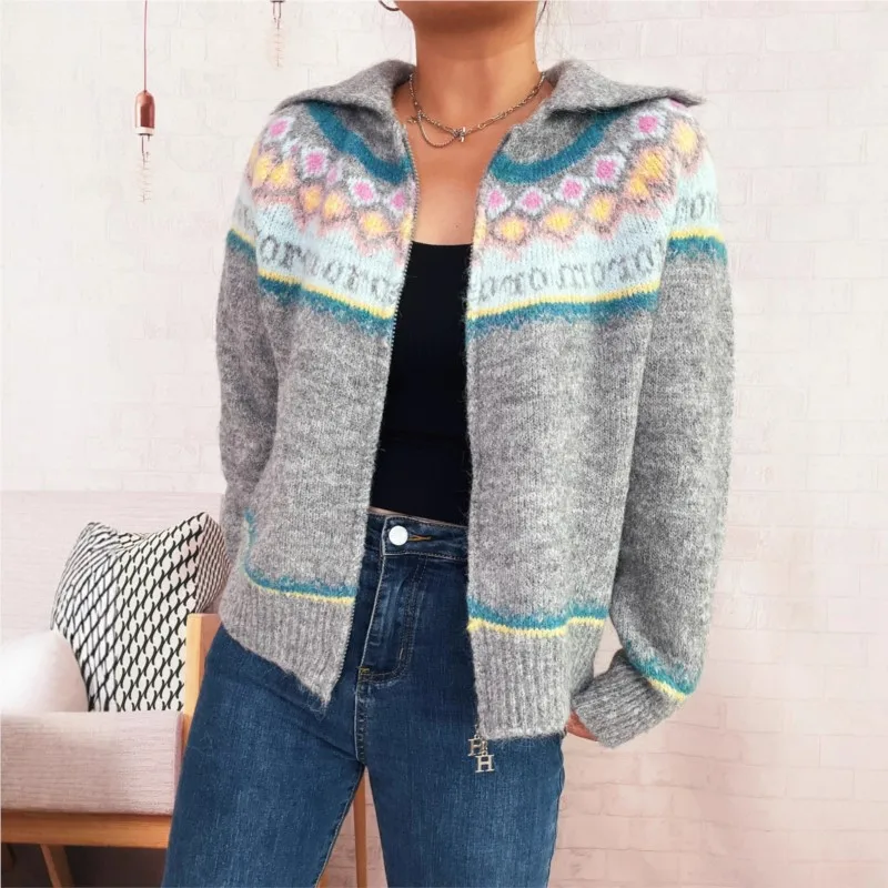 Autumn Retro Multi-color Pattern Knitted Jacket Daily Matching Commuter Women's Fashion Lapel Long-sleeved Cardigan Top Jacket