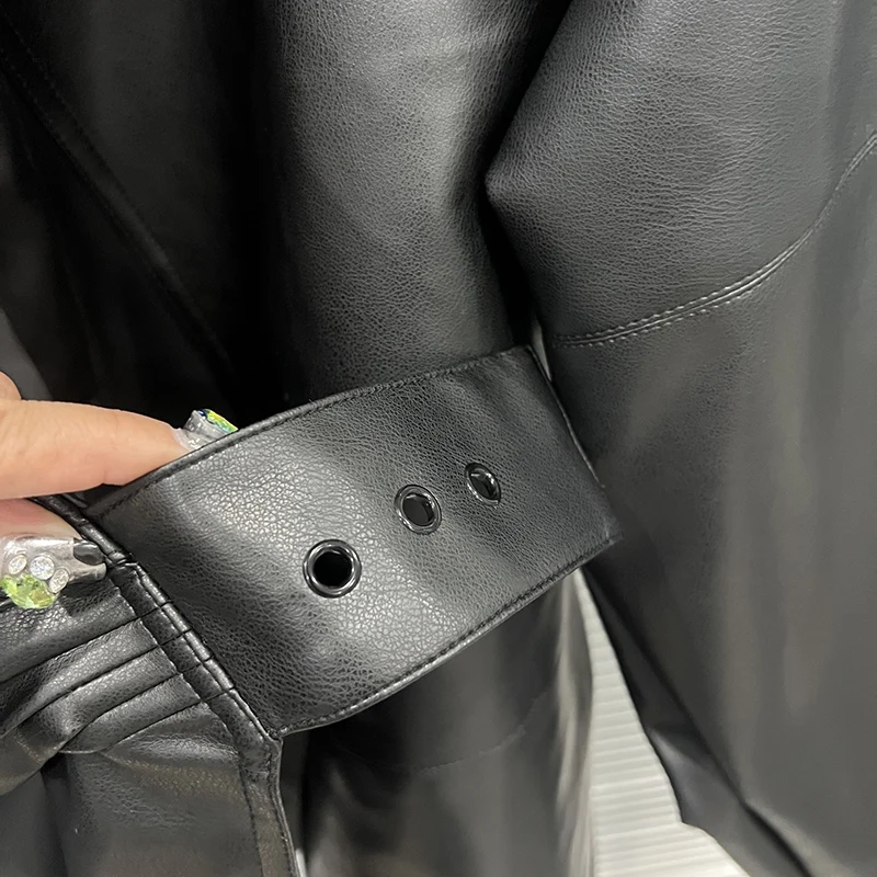 KBQ Solid Spliced Belts Tunic Loose Coats for Women Stand Collar Long Sleeve Korean Version of Casual Leather Jacket Female New