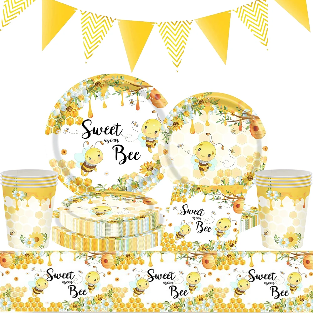 Vaisselle et décorations pour fête prénatale, révélation du sexe et anniversaire sur le thème des abeilles, assiettes et serviettes en papier « Doux comme du miel », fournitures pour le premier