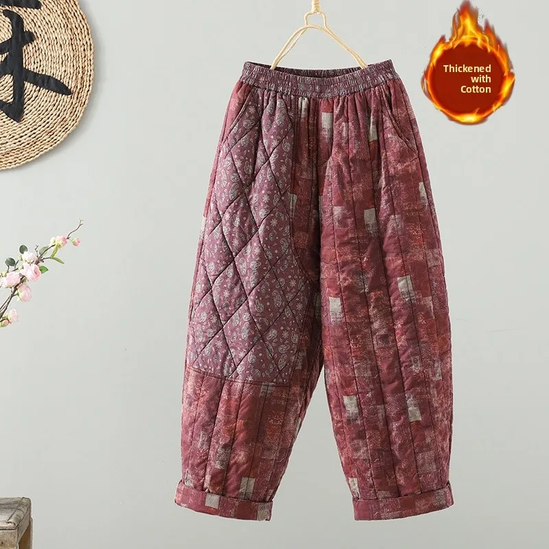 Winter Thiened Große Blume Drucken Ethnische Sle frauen Lose Breite Bein Hosen Baumwolle Hosen plus Größe Faion Mama Tragen