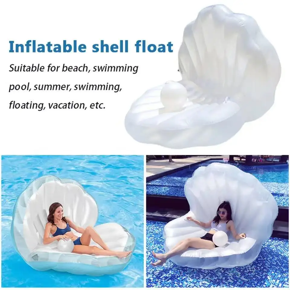 Inflatable Shell Shaped White PVC Seashell Pool Float,  Blow Up Giant Clam Floatie with Pearl Ball, Shell Pool Floating Ride On