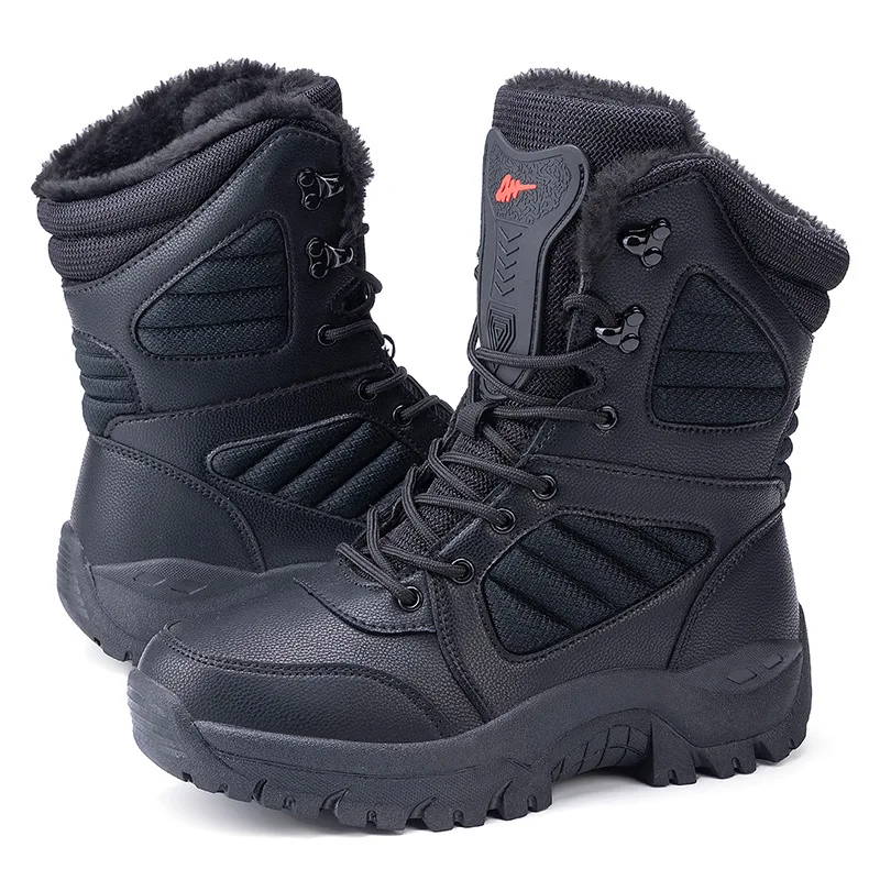 High quality leather snow boots for men new 2023 winter size 45 46 outdoor hiking mountain plush warm walking shoe  black khaki