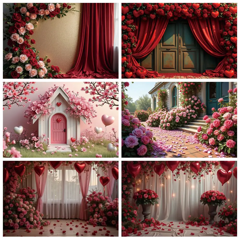 

MOON.QG 14-Feb Valentine's Day Backdrop Photography Red Pink Rose Teddy Bear Love Heart Curtain Draping Fabric Wood Background