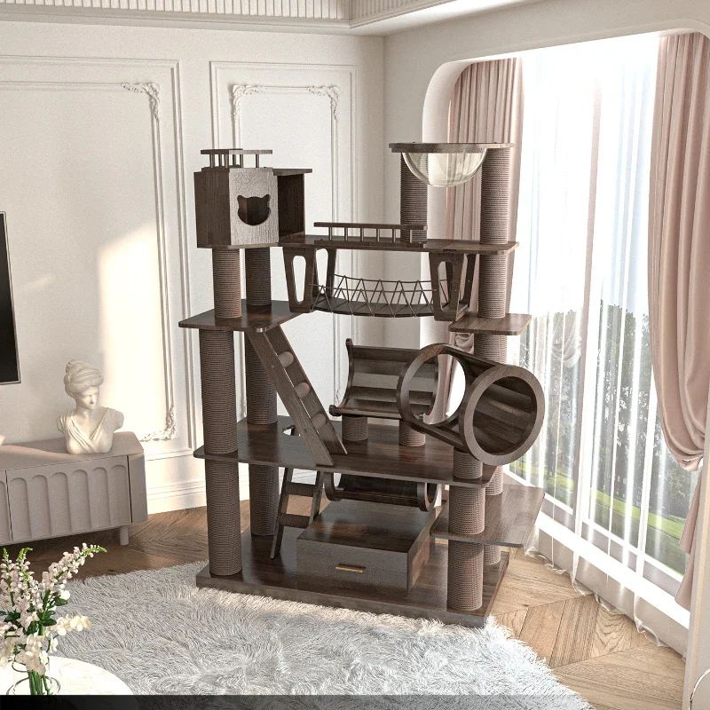 

Large solid wood cat climbing frame cat nest castle lacquered black walnut color