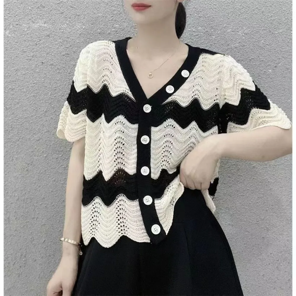 

Knit Cardigan Short-sleeved Top Women Summer Lightweight Striped V-neck Lace-up Top Loose T-shirt Single-breasted Sweaters