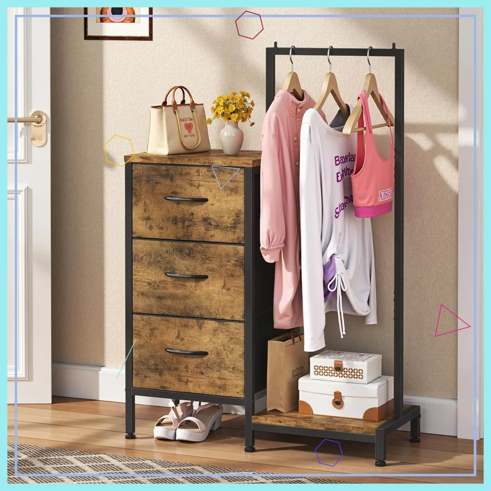 

Комод в деревенском стиле коричневого цвета с подвесной вешалкой и 3 ящиками для хранения вещей в спальне