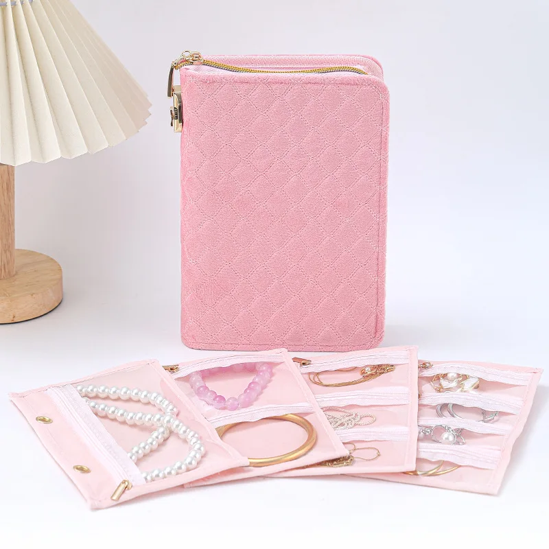 Velvet Jewelry Storage Notebook Pouch with Combination Lock and Zipper, Travel Organizer Case for Rings Necklaces and