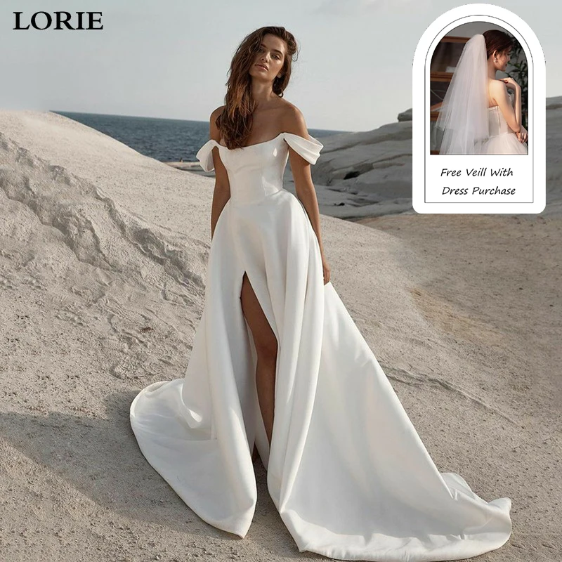 LORIE Soft Satin A Line Wedding Dresses Sleeveless Off The Shoulder Bridal Gowns Long Train Wedding Party Gowns Customized