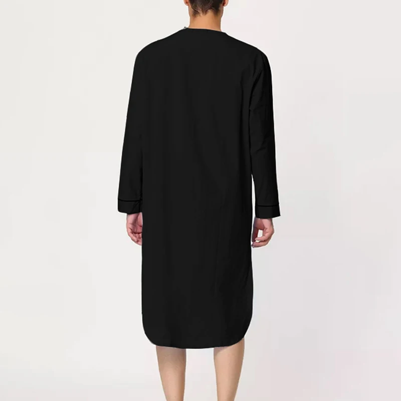 Robe en lin à col en V pour hommes, manches courtes retroussées, longue robe de nuit, chemise décontractée, caftan avec poche