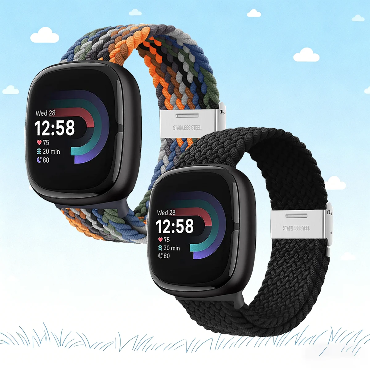 Geflochtenes, dehnbares Armband für Fitbit Versa 4/3 Band, Metallschnalle, Nylon-Ersatz für Fitbit Sense1/2 Versa3/4 Band, Damen und Herren