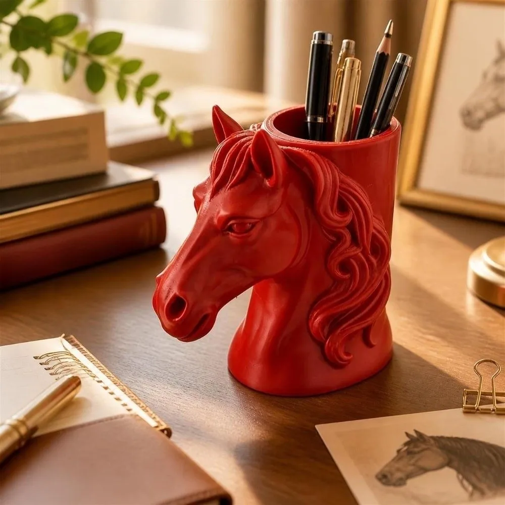 Multifunctional Horse-Shaped Pen Holder Vase Ornaments Desktop Organizer 3D Printed Sculpture Makeup Brush Holder Study Room