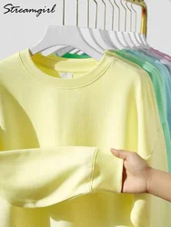 Streamgirl Cotton Basic Sweatshirt Women Oversized Yellow Pullovers Loose Casual Tops Spring Colorful Sweatshirts Women Pink