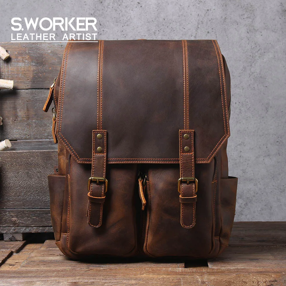 S.WORKER Vintage Echtleder-Rucksack Laptop-Tasche Lässige Crazy-Horse-Leder Schultasche Outdoor-Reise-Weekender-Tasche – Detail 2