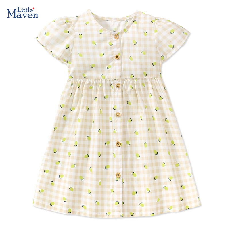 Little maven 2024 Summer Cartoon Lattice Princess Holiday Birthday Dress Baby Girls Dresses Party Dress for Kids Clothes