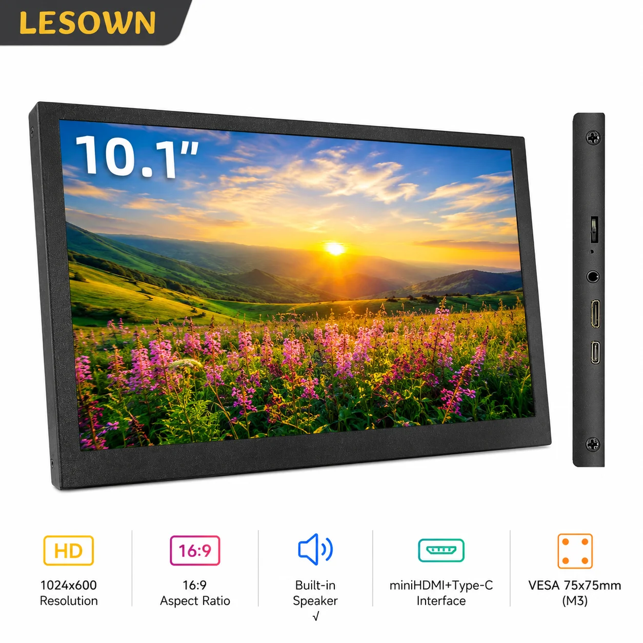 LESOWN 10.1 Inch LCD Monitor 1024x600 300nit Type-C Mini HDTV VESA 75 Aluminum Display for Industrial PC Embedded System