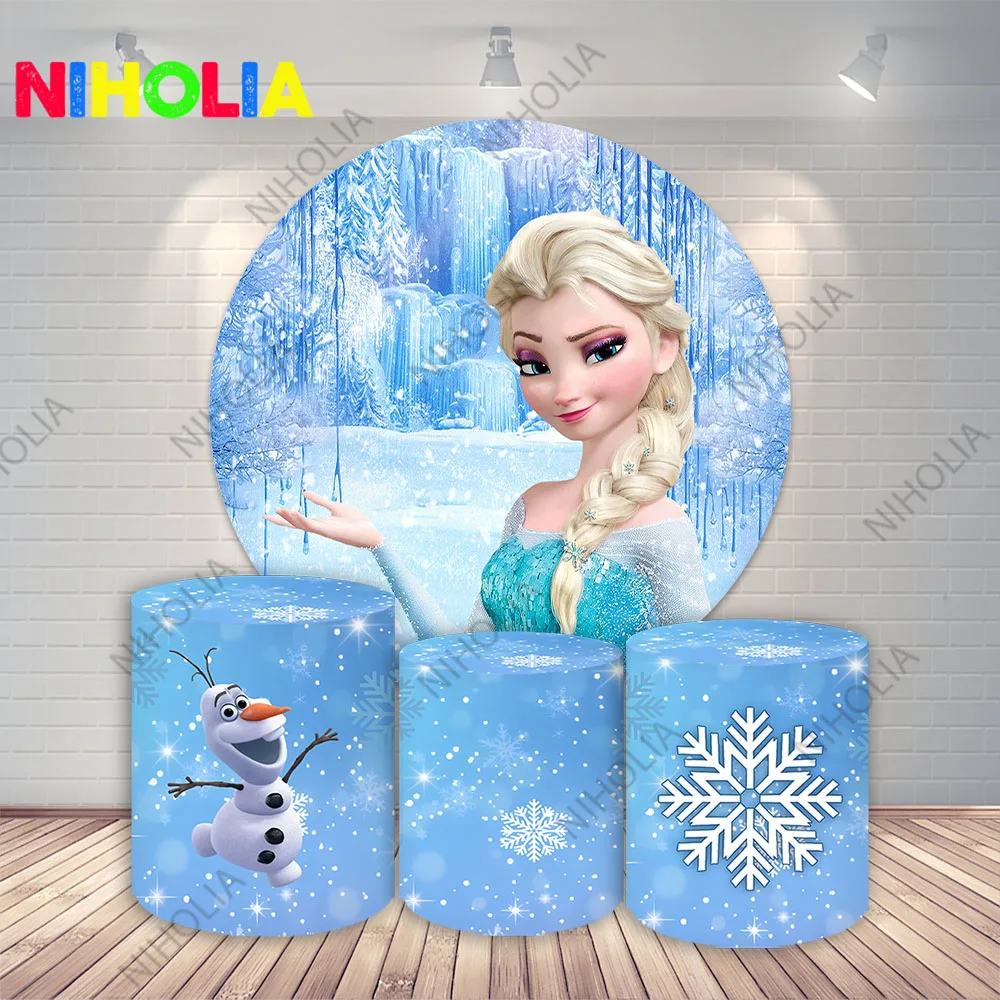 

Flozen Elsa Princess Round Backdrop Covers Girls Birthday Party Decoration Baby Shower Cylinder Covers Photo Background