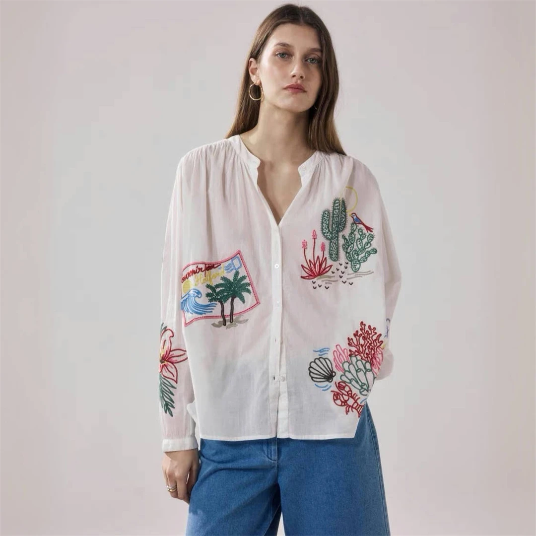 

Parisian Style Cotton Long Sleeve V-Neck Embroidered Cactus Floral Print Vacation Shirt Women's Loose Fit Sun Protection