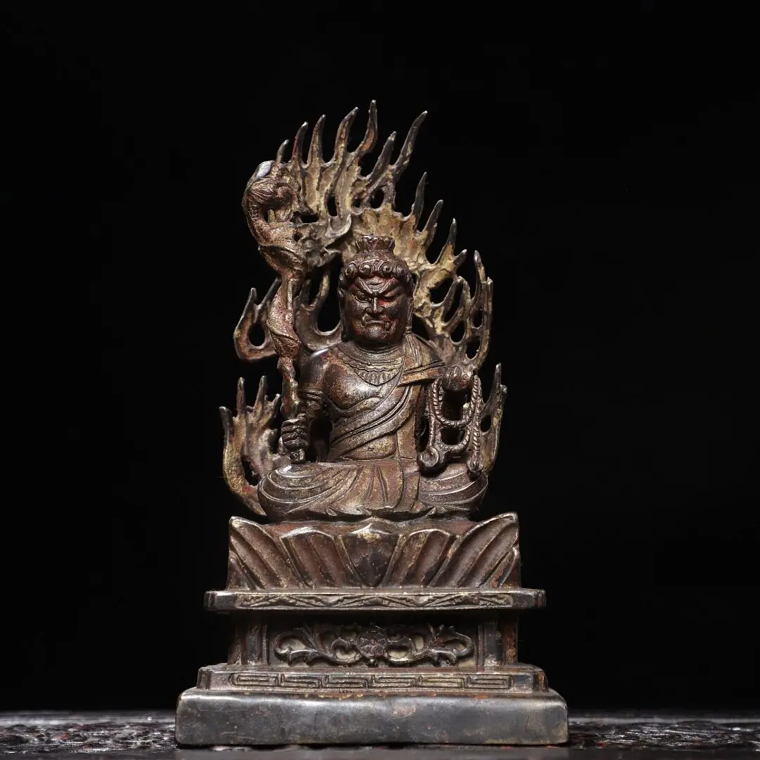 Fudo Myoo, Roi de la Sagesse, Bodhisattva Tibétain Vajrayana, en Cuivre Pur Plaqué Or, Décoration Antique pour Temple ou Bureau