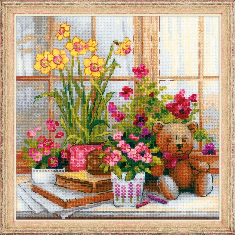 Cross Stitch Kits Craft Embroidery  Needlework  Cross Stitch set Aida  Metalllic aida RIOLIS 1762 Flowerpot on the windowsill