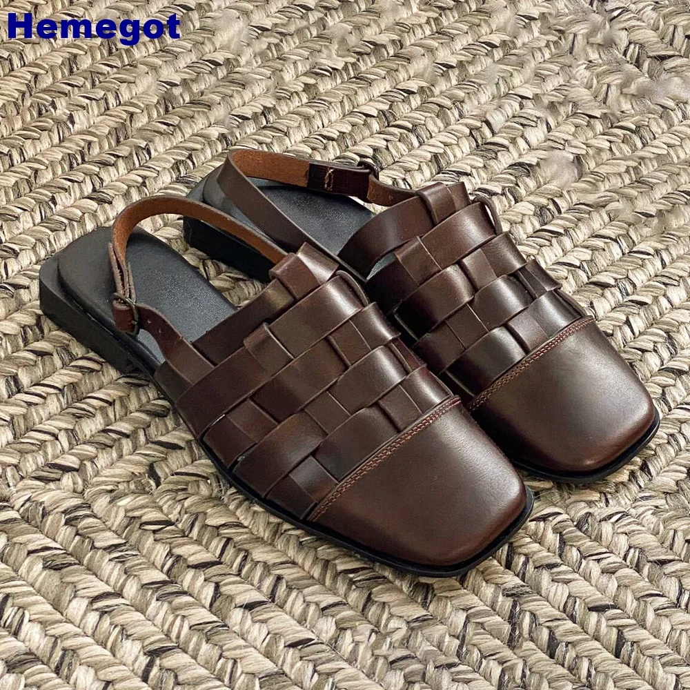 

Square Toe Braided Roman Sandal New Summer Genuine Leather Back Strap Outdoor Casual Beach Solid Color Retro Ladies Flat Sandals