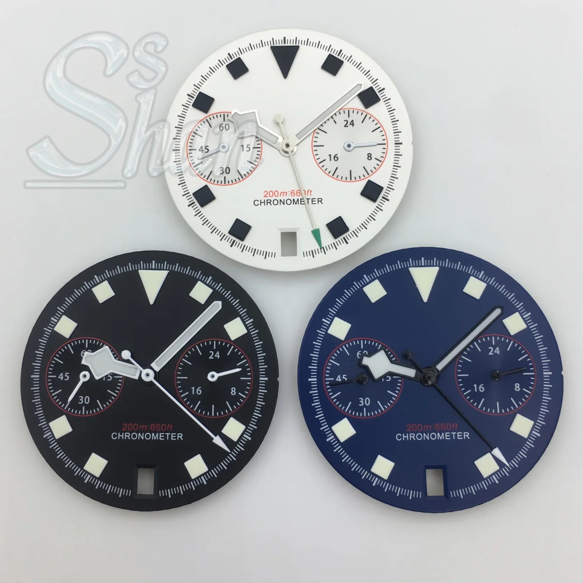 Циферблат часов VH64 диаметром 30 мм с зелеными люминесцентными стрелками C3 подходит для кварцевого механизма VK64 с датой на 6 часов.