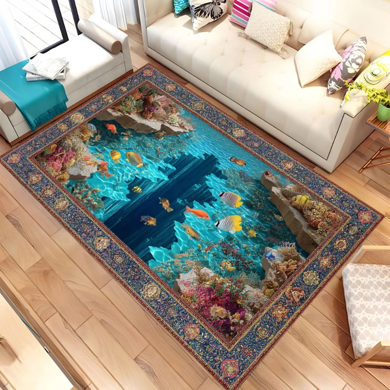 3D Visual Distorted Square Ocean Fish Carpet Rug Cozy Home Floor Mat Nordic Style Lounge Office Apartment Indoor Machine wash
