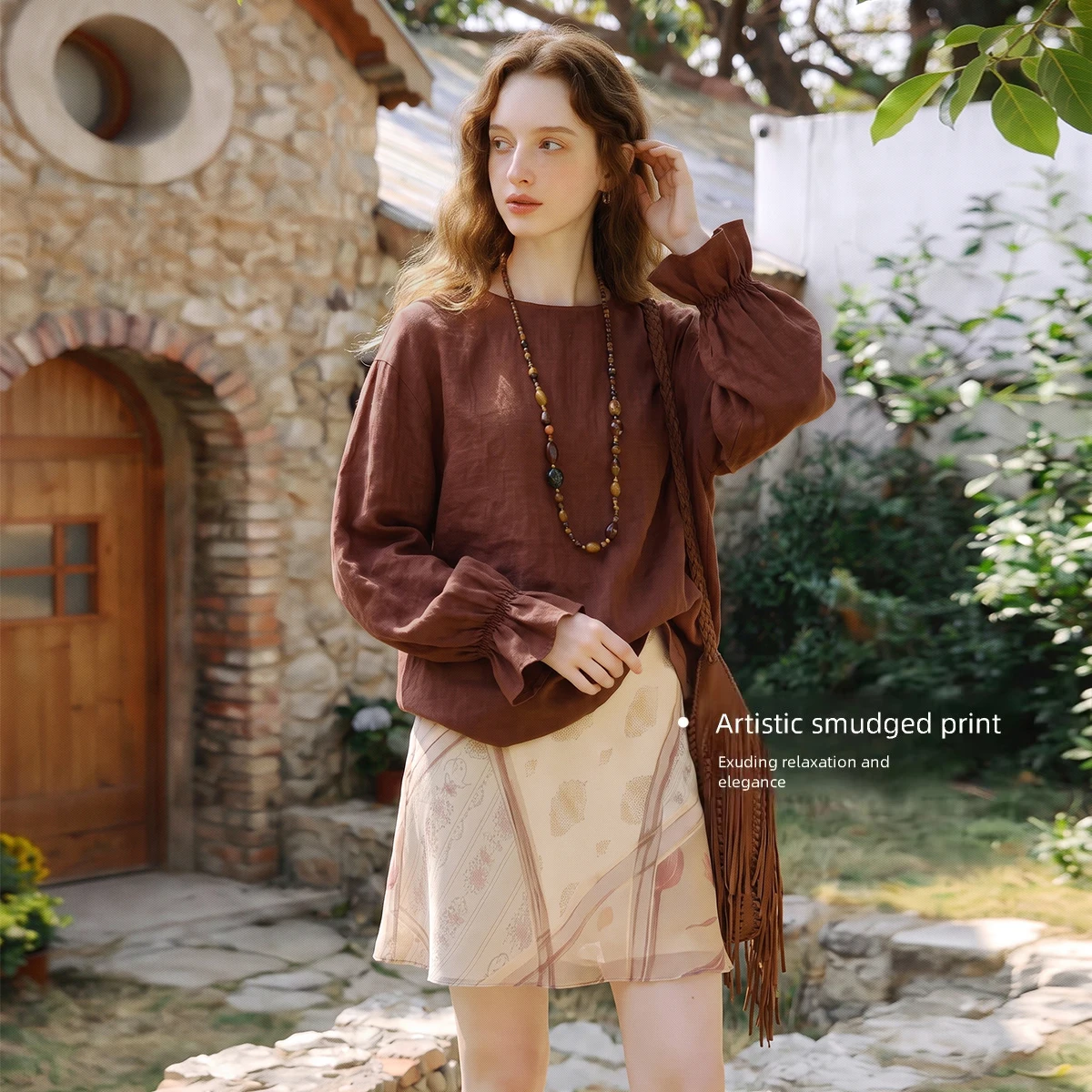 OLrain High Waist Skirt Women's Clothing 2026 Autumn New French Print Smudge Fashion Straight A-shaped Skirt O58QB009882