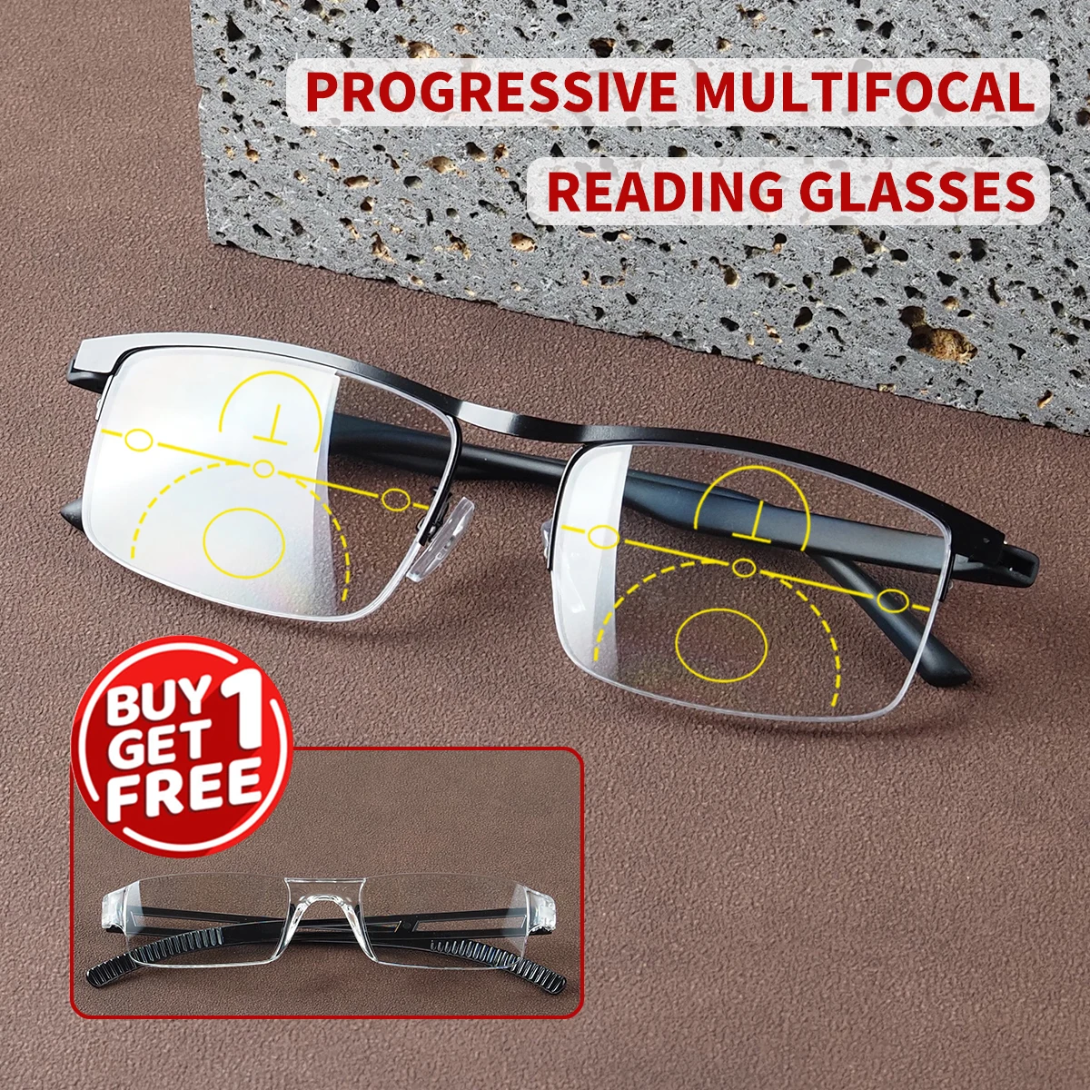 نظارات قراءة متعددة البؤر تقدمية، إطار مرن Tr، تأتي مع نظارات قراءة مدمجة مجانية واحدة، طراز للجنسين. #1