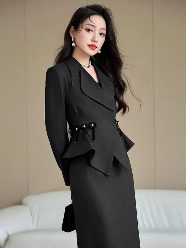 

Autumn Women Black Red Elegant Office Long Sleeve Blazer Coat And High Waist Slim Wrap Hip Skirt 2025 New Two Piece Suit Fashion