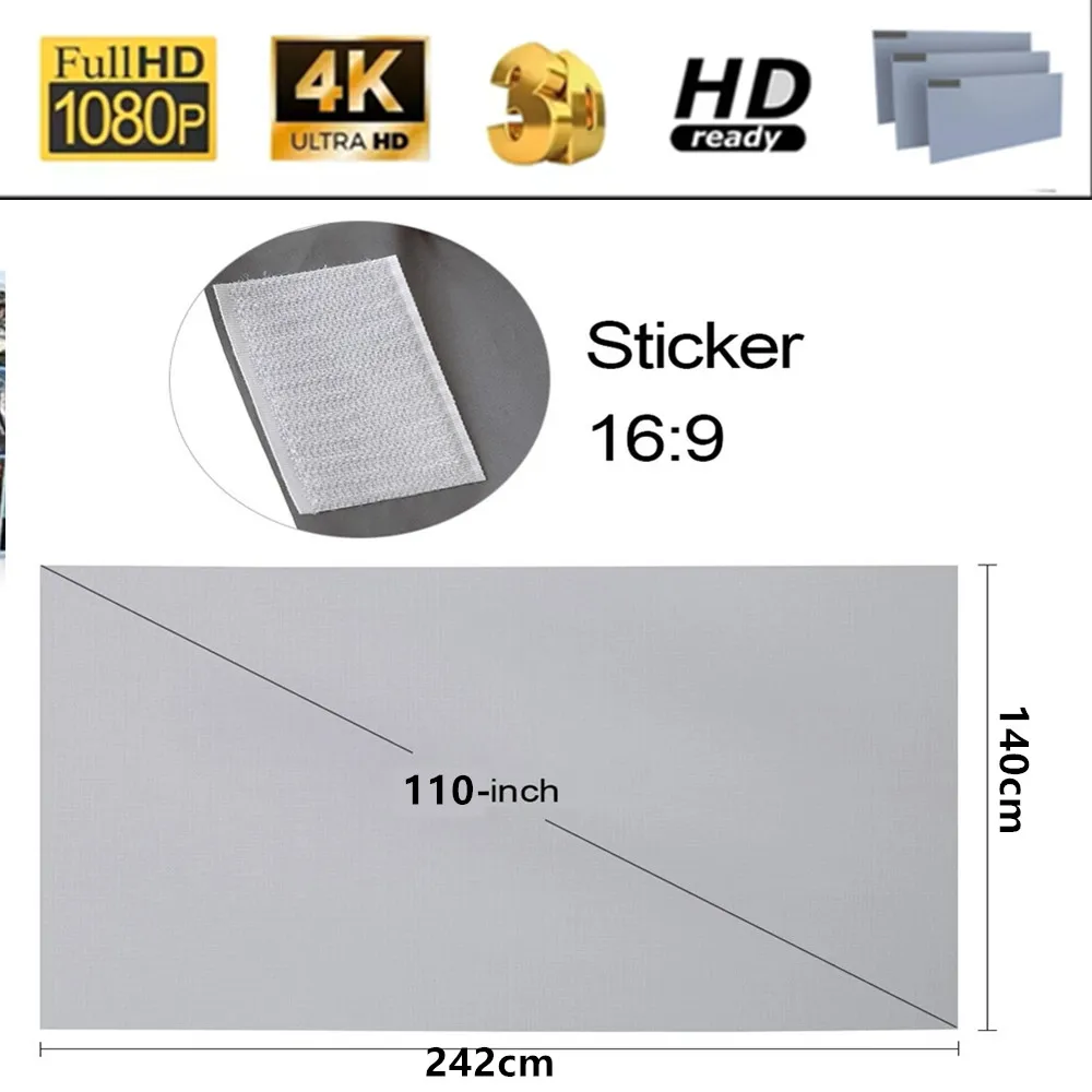 Tela do projetor DAHUI Simples 16:9 Cortina anti-luz 110 polegadas Home Outdoor Office Portátil 3d HD Metal Cinza