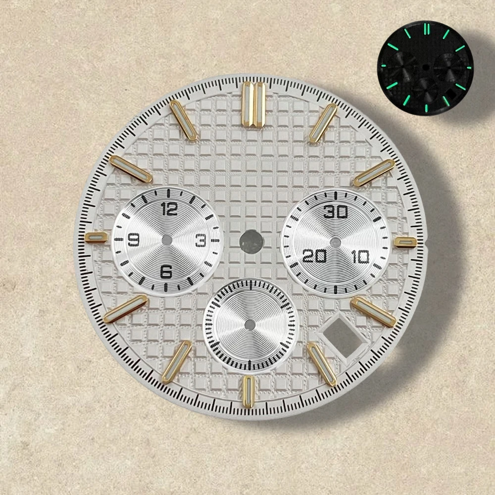 31.8 มม.S โลโก้ PANDA สามตา Dial Fit VK63 การเคลื่อนไหวสีเขียวส่องสว่างคุณภาพสูง Dial นาฬิกาการปรับเปลี่ยนอุปกรณ์เสริม